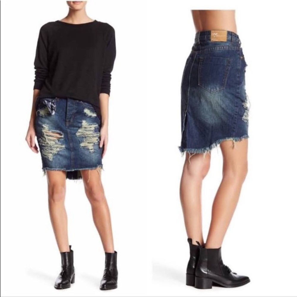 One By One Teaspoon Wilde frayed distressed denim skirt 100% cotton sz 22 XXS